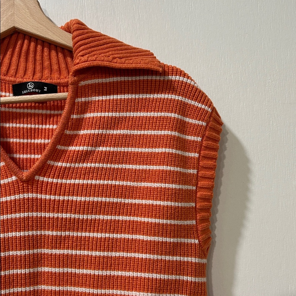 LILLUSORY WOMENS ORANGE WHITE STRIPED V NECK SWEATER VEST Sz MD - Picture 5 of 9